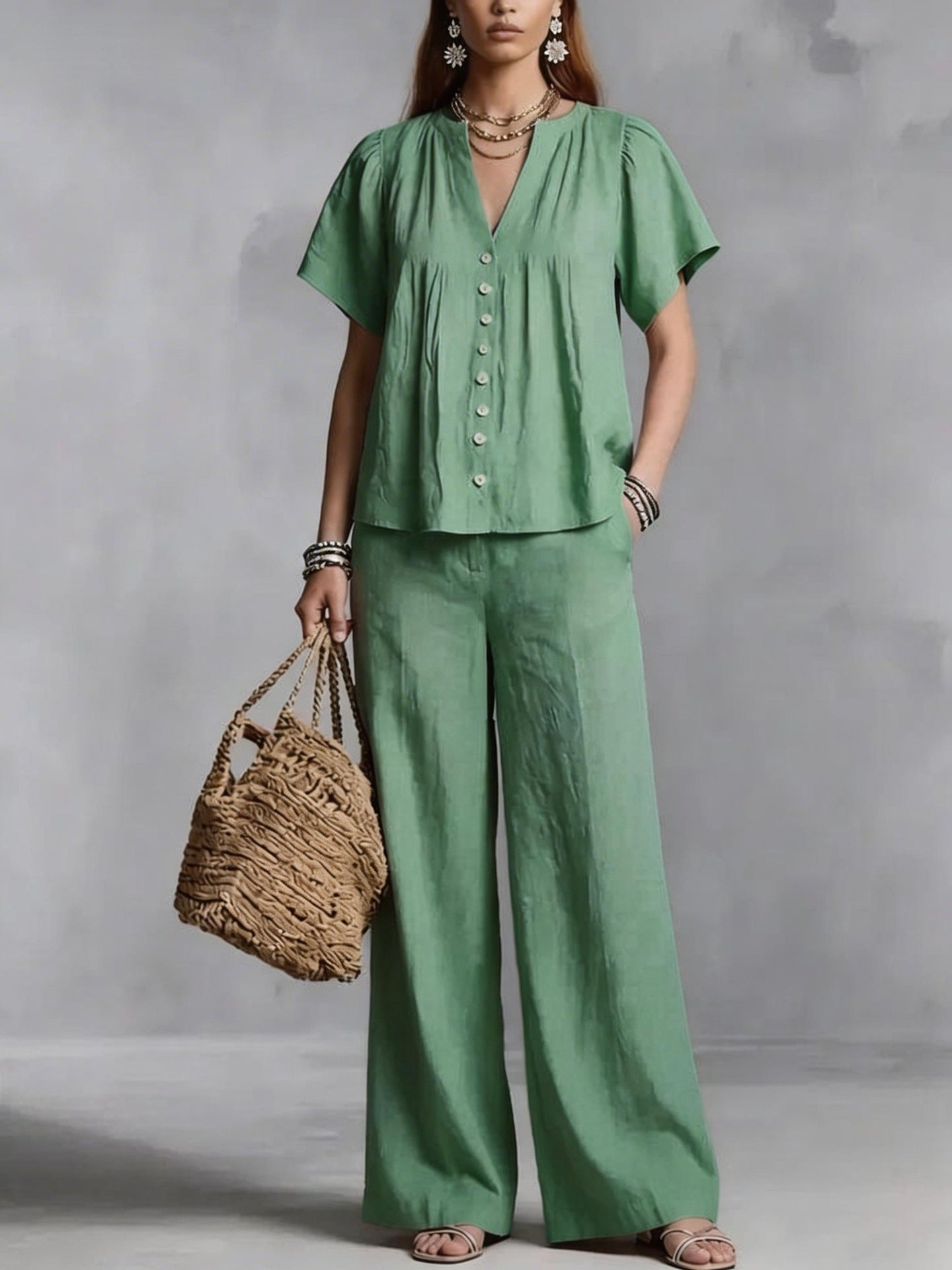 Beach Vacation Cotton-Linen V-Neck Casual Set