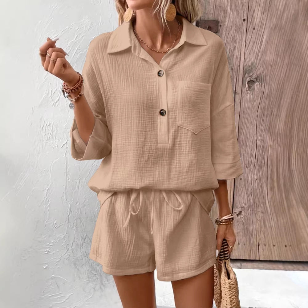 Casual Double-Panel Shirt With Lapel Collar Casual Two-Piece Set