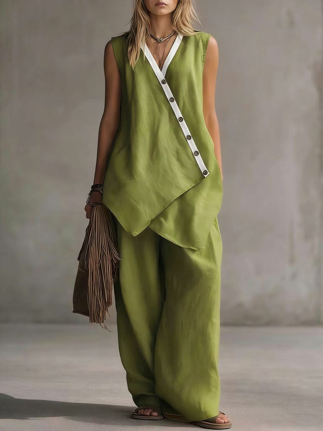 Bohemian Solid-Colored V-Neck Irregular-Button Vest And Wide-Leg Pants Set