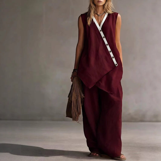 Bohemian Solid-Colored V-Neck Irregular-Button Vest And Wide-Leg Pants Set