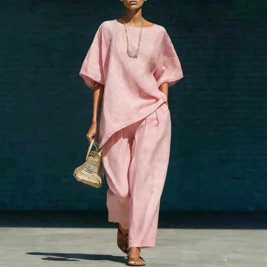 Short-sleeve Top With An Asymmetrical Hem And Wide-leg Pants Set