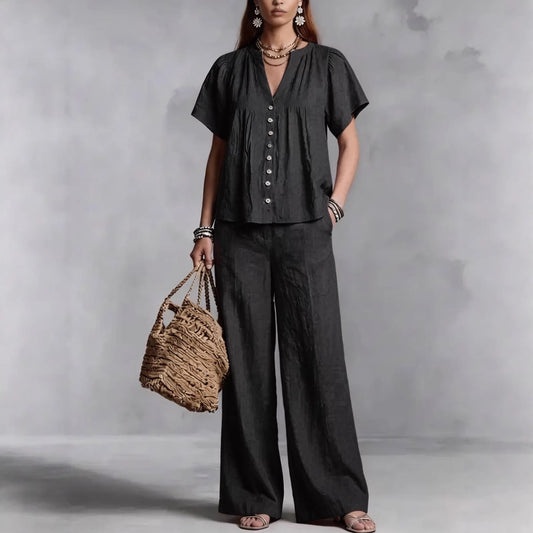 Beach Vacation Cotton-Linen V-Neck Casual Set