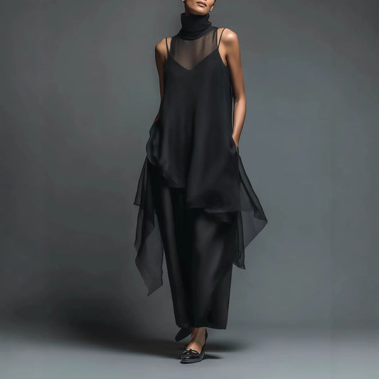 High-neck Asymmetrical Black Slip Chiffon Two-piece Set
