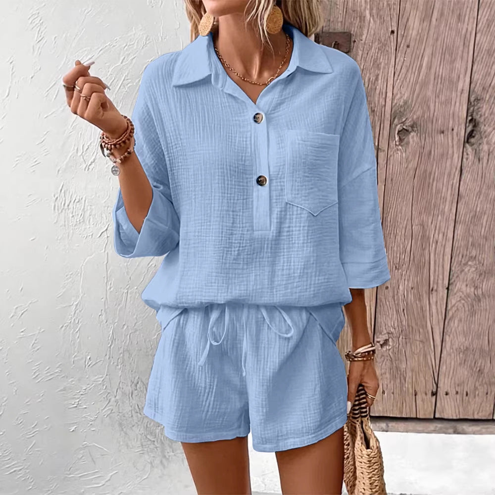 Casual Double-Panel Shirt With Lapel Collar Casual Two-Piece Set