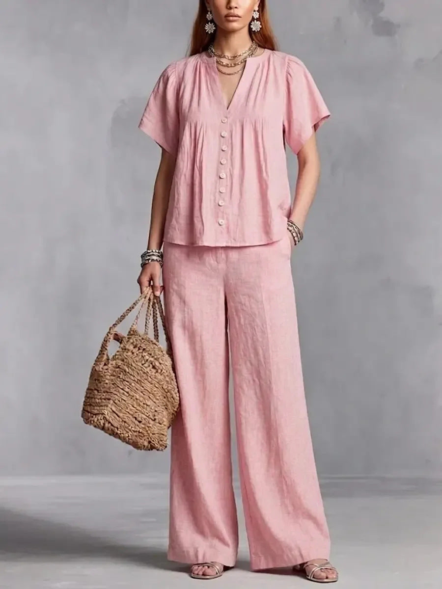 Beach Vacation Cotton-Linen V-Neck Casual Set