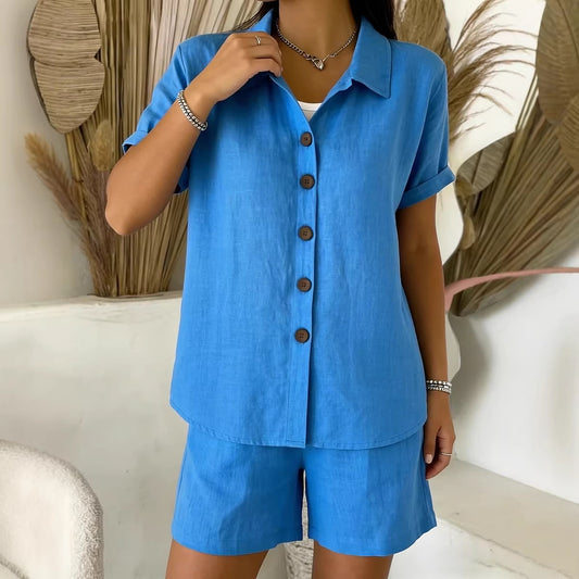 Casual Button-Up Cotton-Linen Womens Short-Sleeve Shirt Set