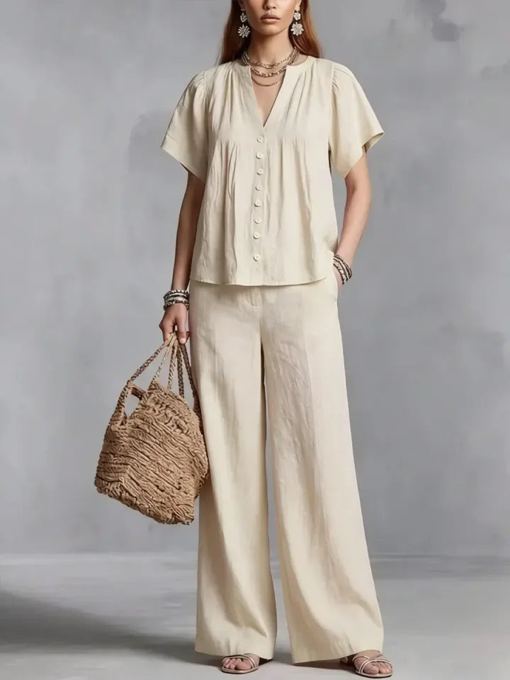 Beach Vacation Cotton-Linen V-Neck Casual Set
