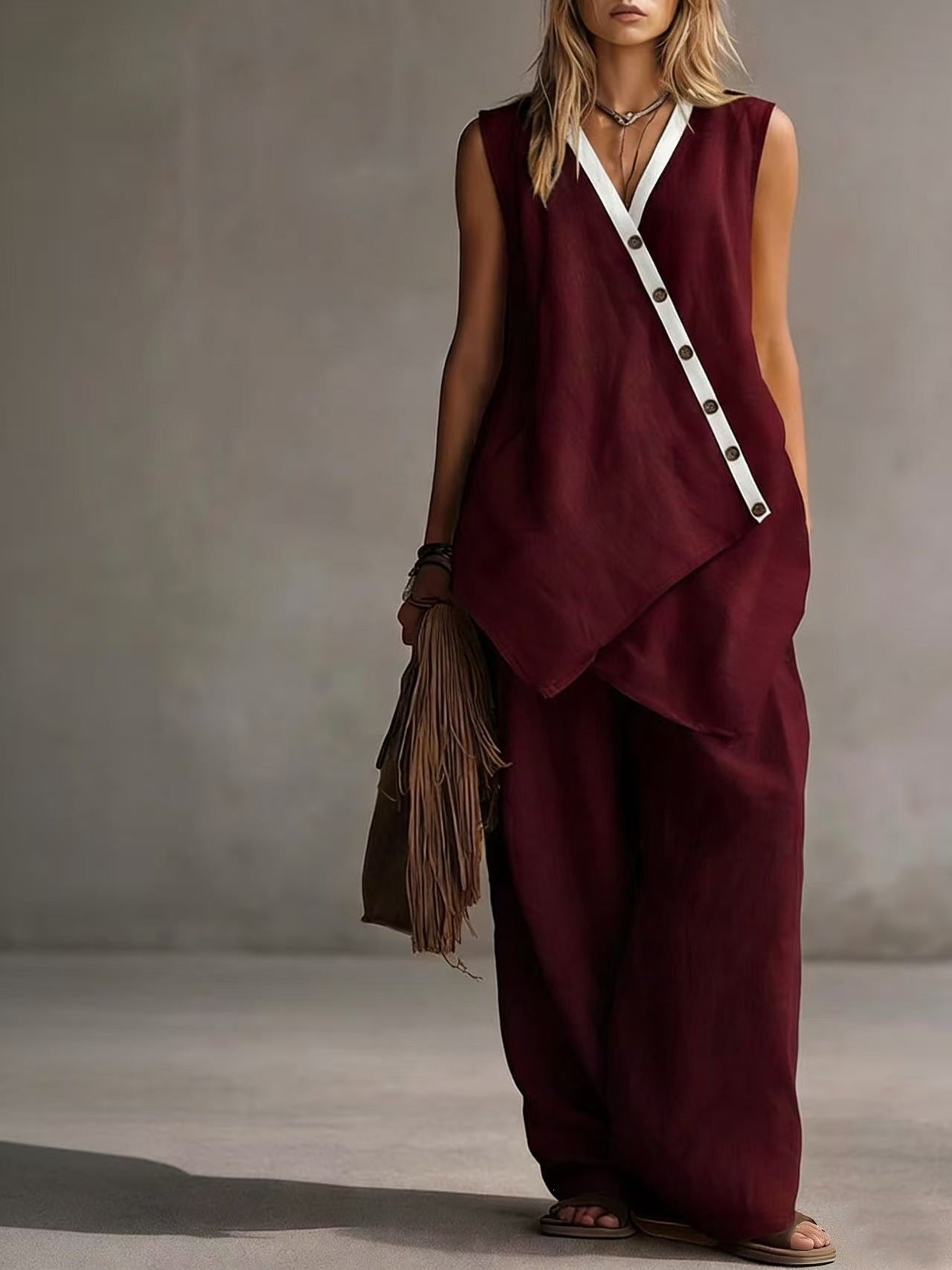 Bohemian Solid-Colored V-Neck Irregular-Button Vest And Wide-Leg Pants Set