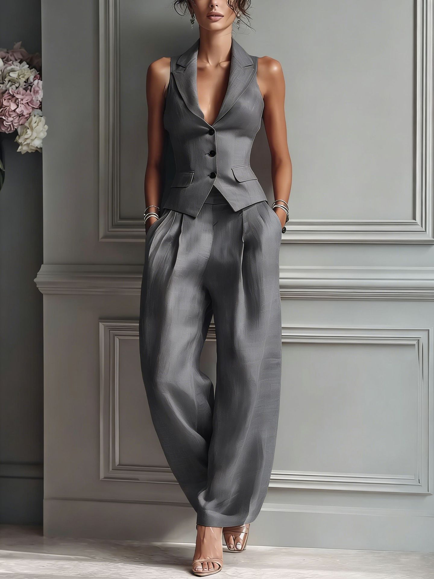 Casual Single-breasted Vest And Casual Pants Set