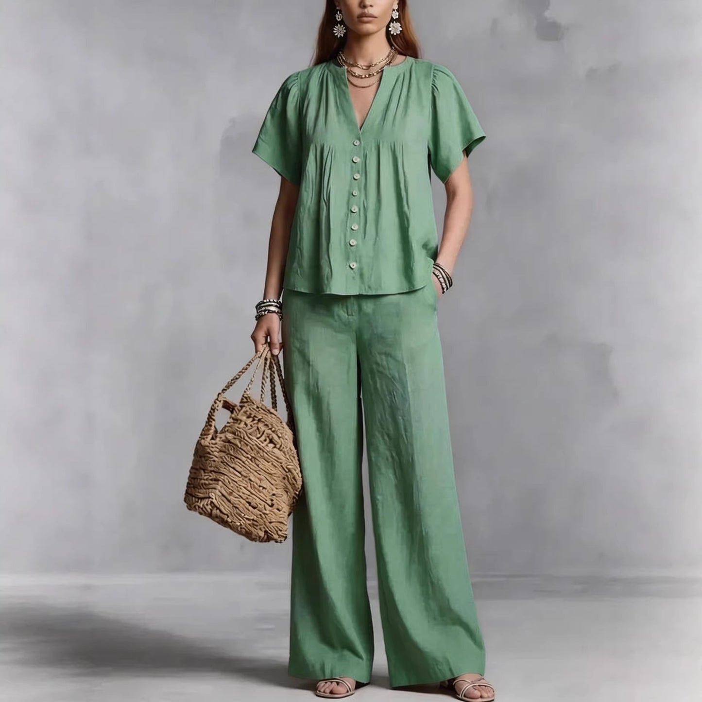 Beach Vacation Cotton-Linen V-Neck Casual Set