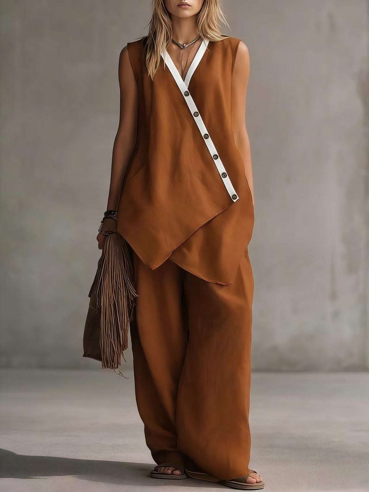 Bohemian Solid-Colored V-Neck Irregular-Button Vest And Wide-Leg Pants Set