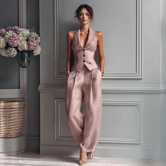 Casual Single-breasted Vest And Casual Pants Set