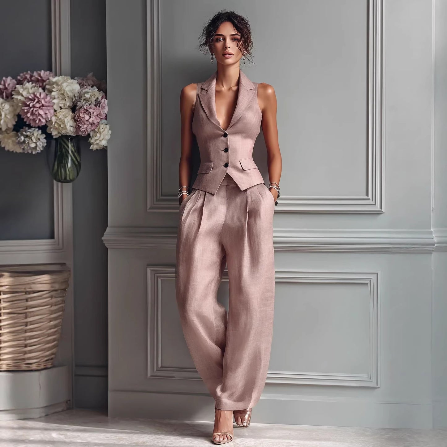 Casual Single-breasted Vest And Casual Pants Set