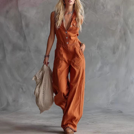 Boho Sleeveless Wide-Leg Linen-Blend Jumpsuit