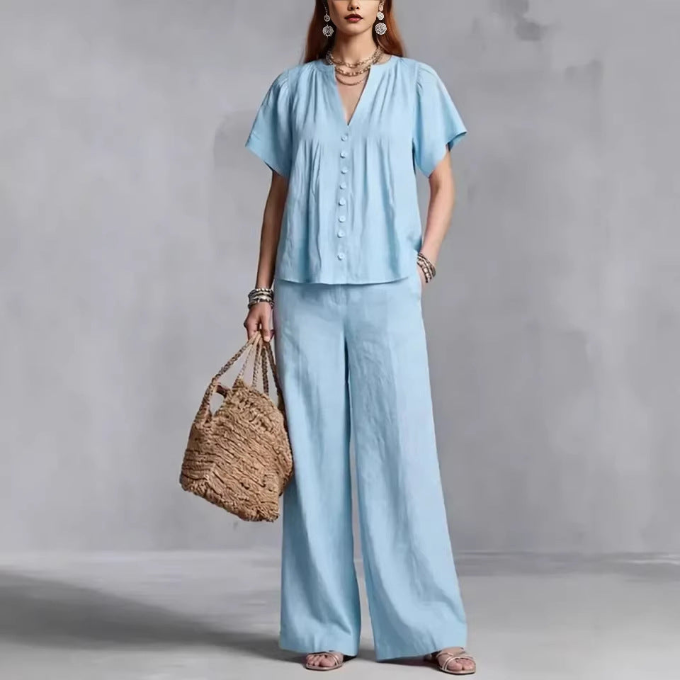 Beach Vacation Cotton-Linen V-Neck Casual Set