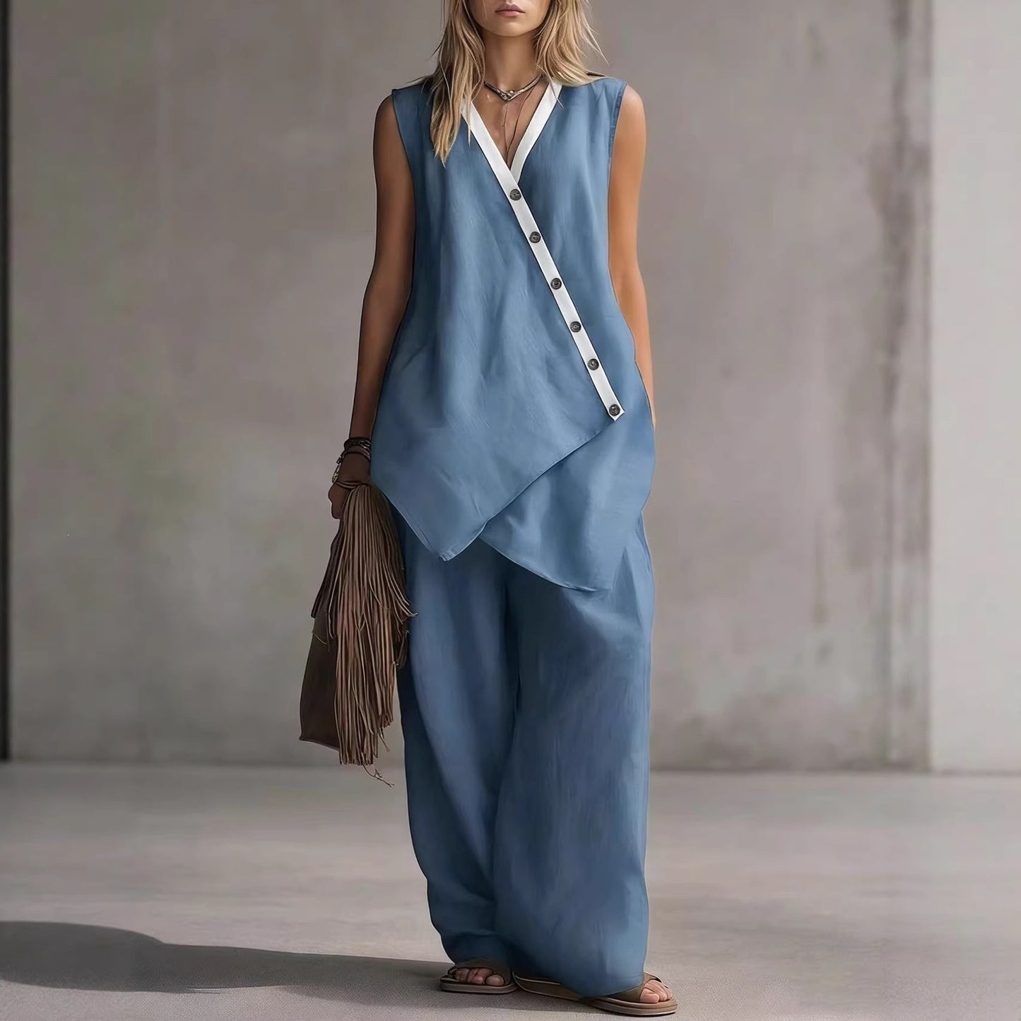 Bohemian Solid-Colored V-Neck Irregular-Button Vest And Wide-Leg Pants Set