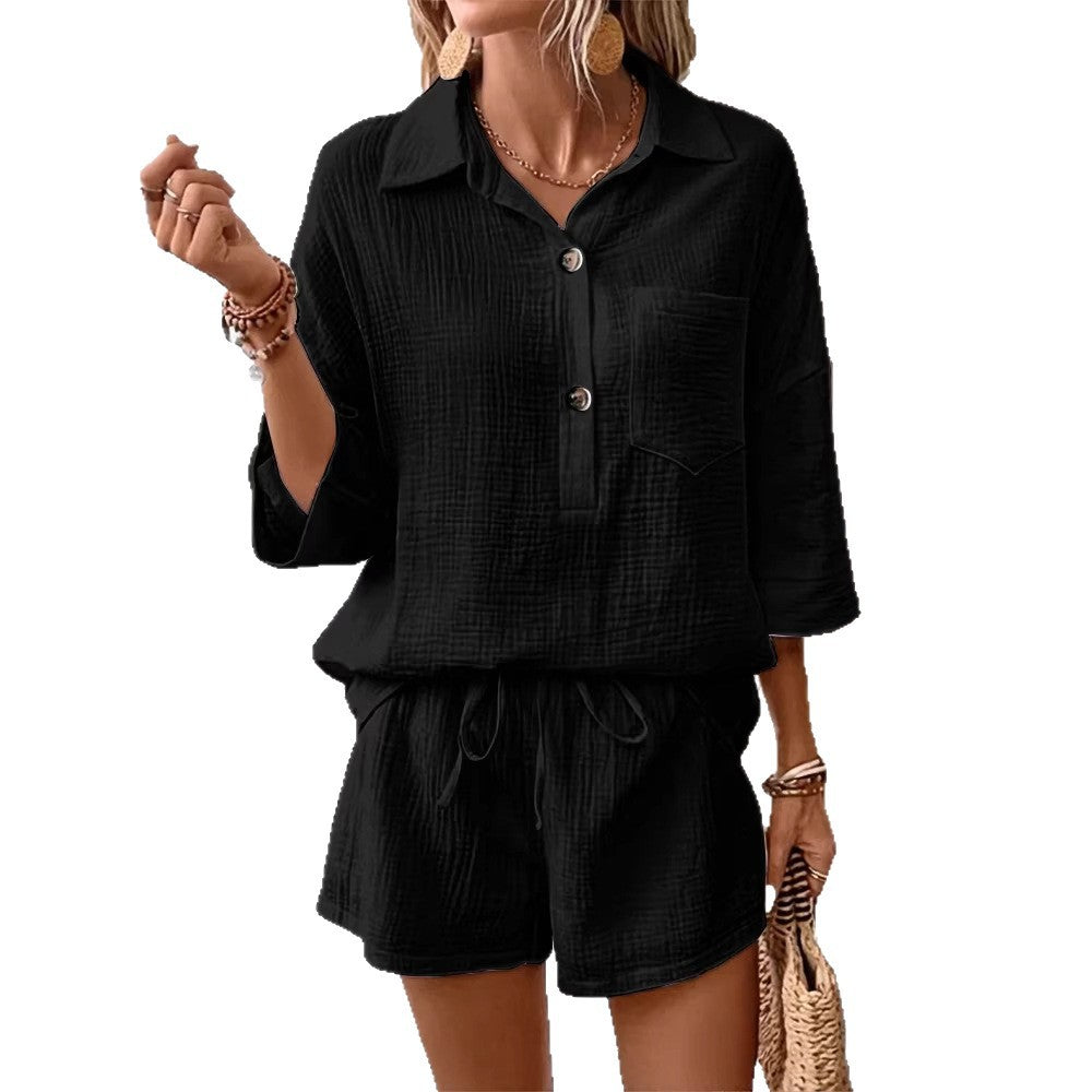 Casual Double-Panel Shirt With Lapel Collar Casual Two-Piece Set