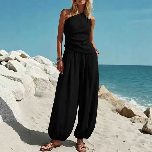 Casual Minimalist Solid-Color Sleeveless Tank Top And Loose High-Waist Pants Set For Women