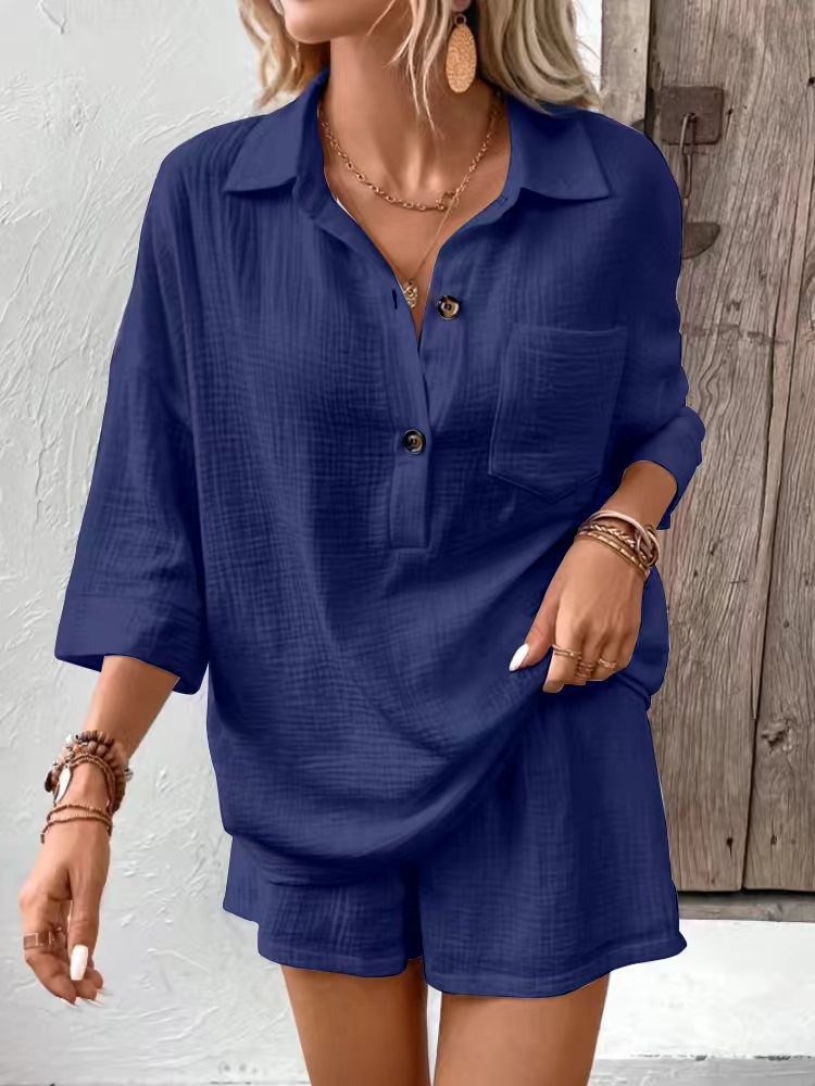 Casual Double-Panel Shirt With Lapel Collar Casual Two-Piece Set