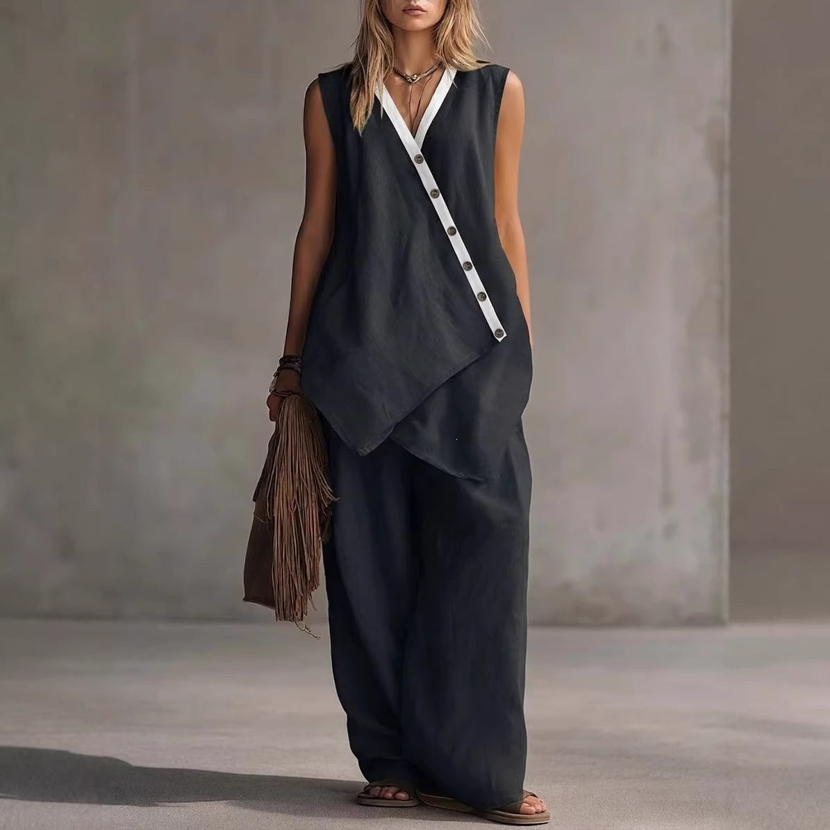 Bohemian Solid-Colored V-Neck Irregular-Button Vest And Wide-Leg Pants Set
