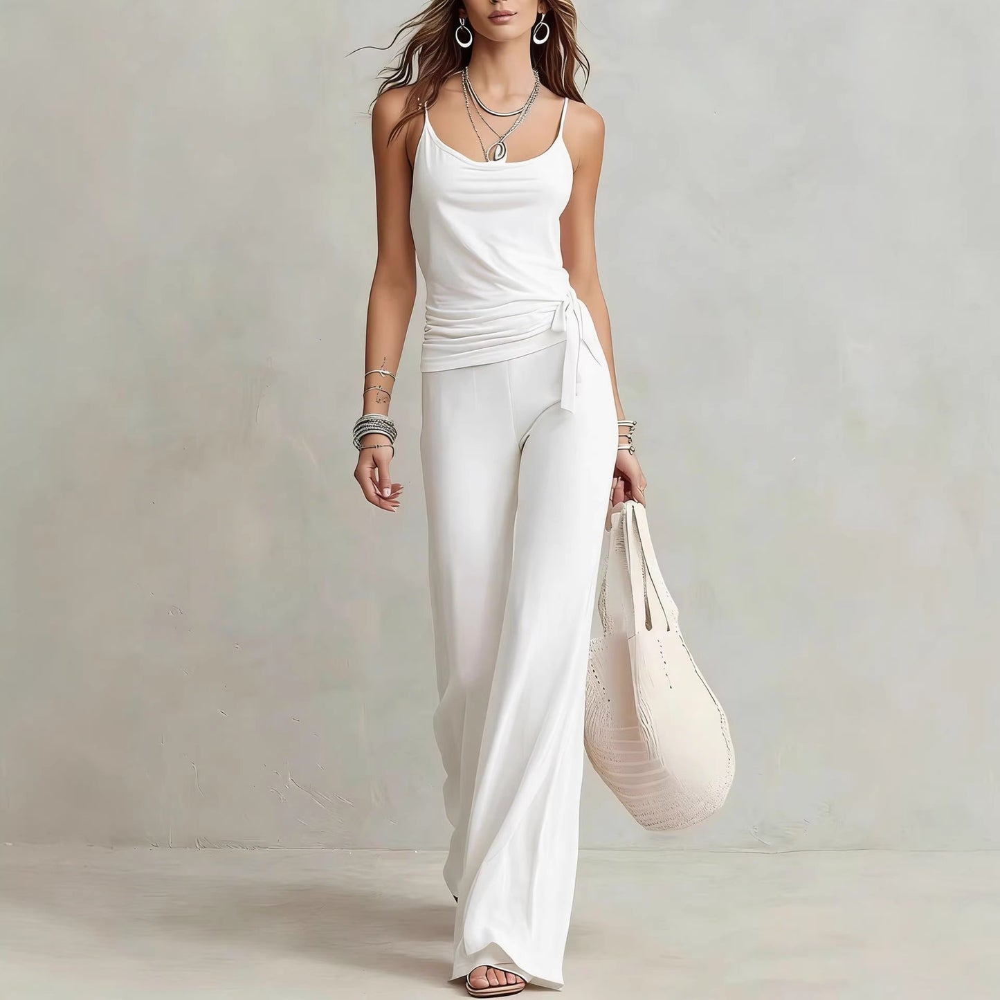 Women's Solid Color Sleeveless Top And Pants Set