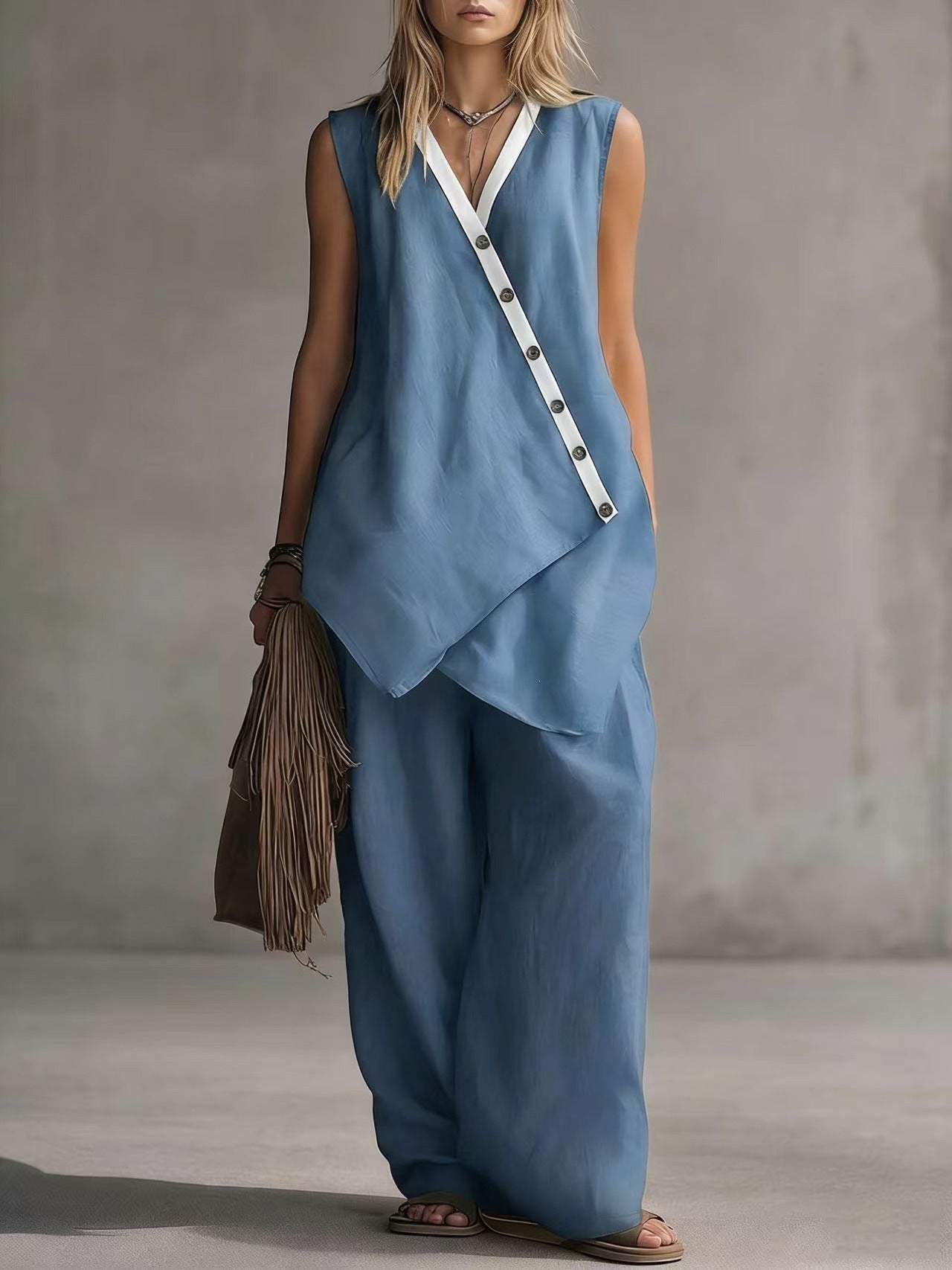 Bohemian Solid-Colored V-Neck Irregular-Button Vest And Wide-Leg Pants Set