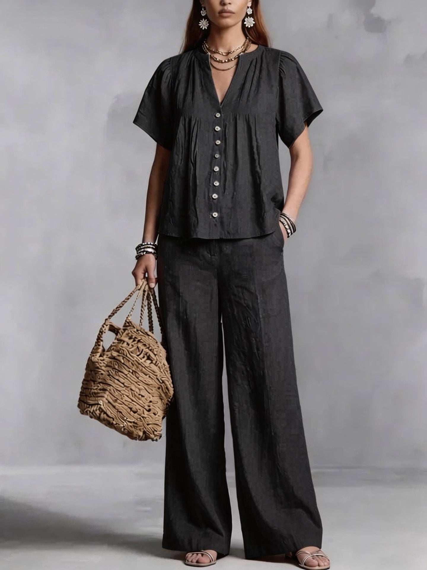 Beach Vacation Cotton-Linen V-Neck Casual Set