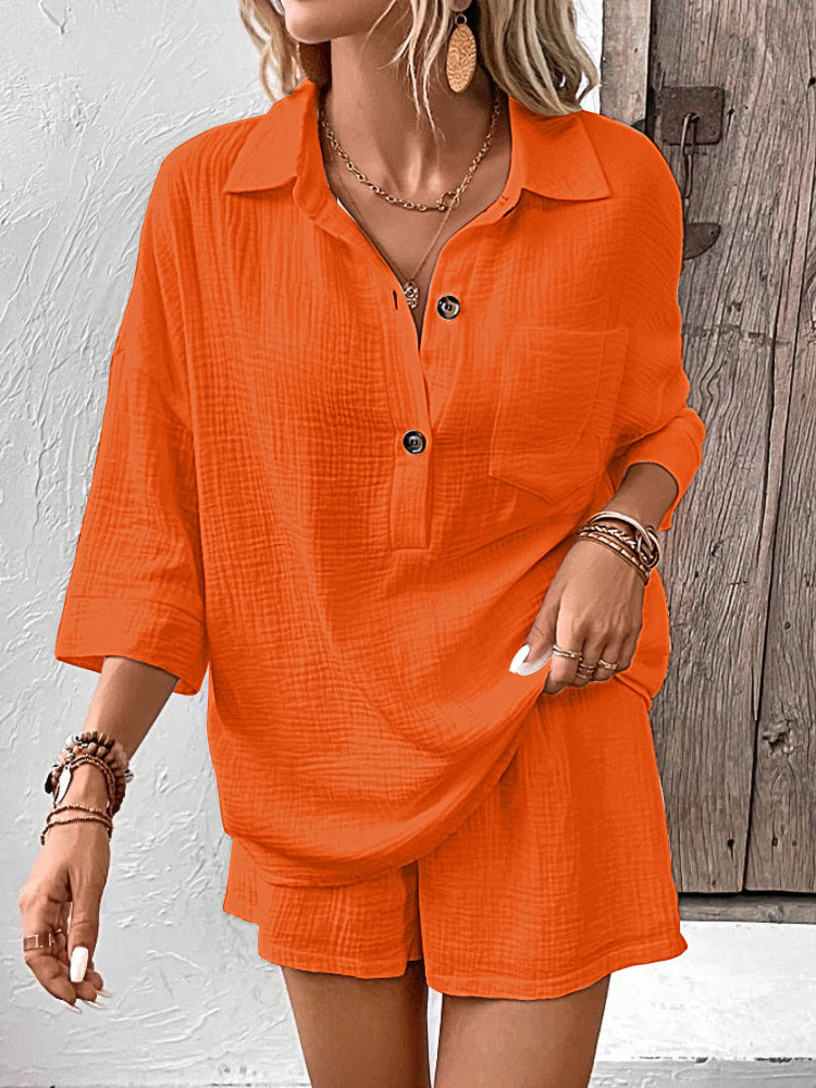 Casual Double-Panel Shirt With Lapel Collar Casual Two-Piece Set