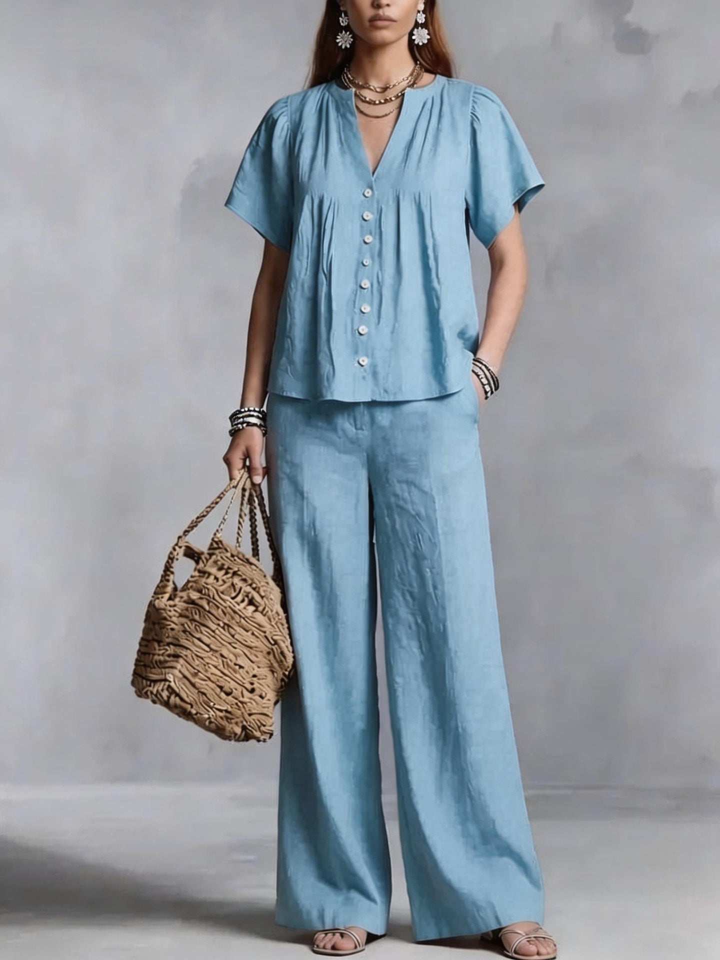 Beach Vacation Cotton-Linen V-Neck Casual Set