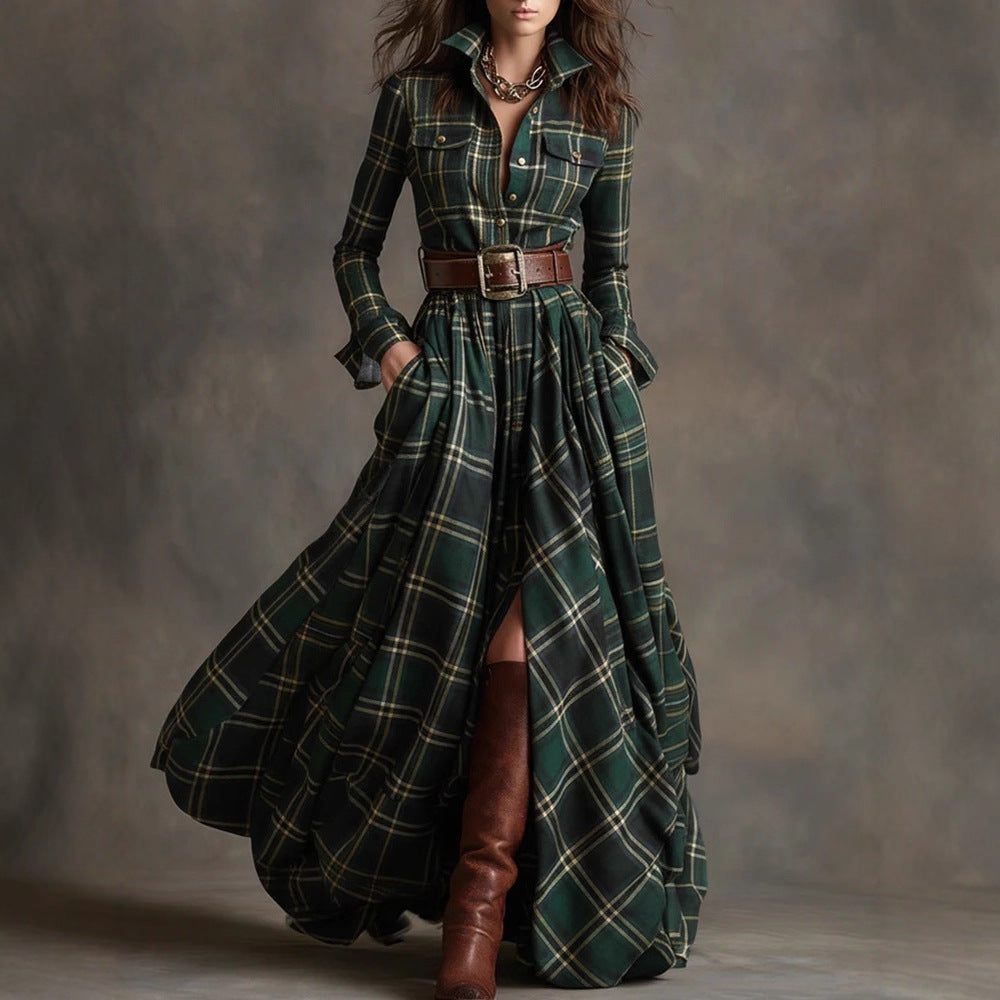 Belted Long Sleeve Flannel Dress