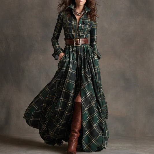 Belted Long Sleeve Flannel Dress