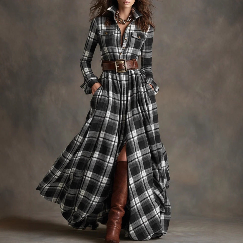 Belted Long Sleeve Flannel Dress