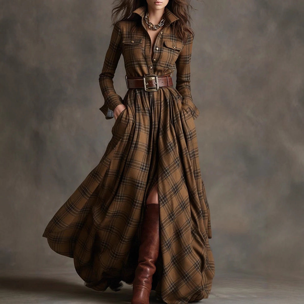 Belted Long Sleeve Flannel Dress