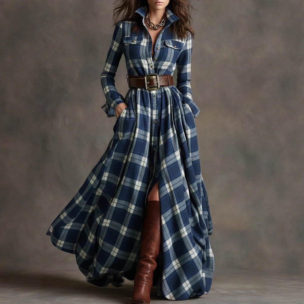 Belted Long Sleeve Flannel Dress