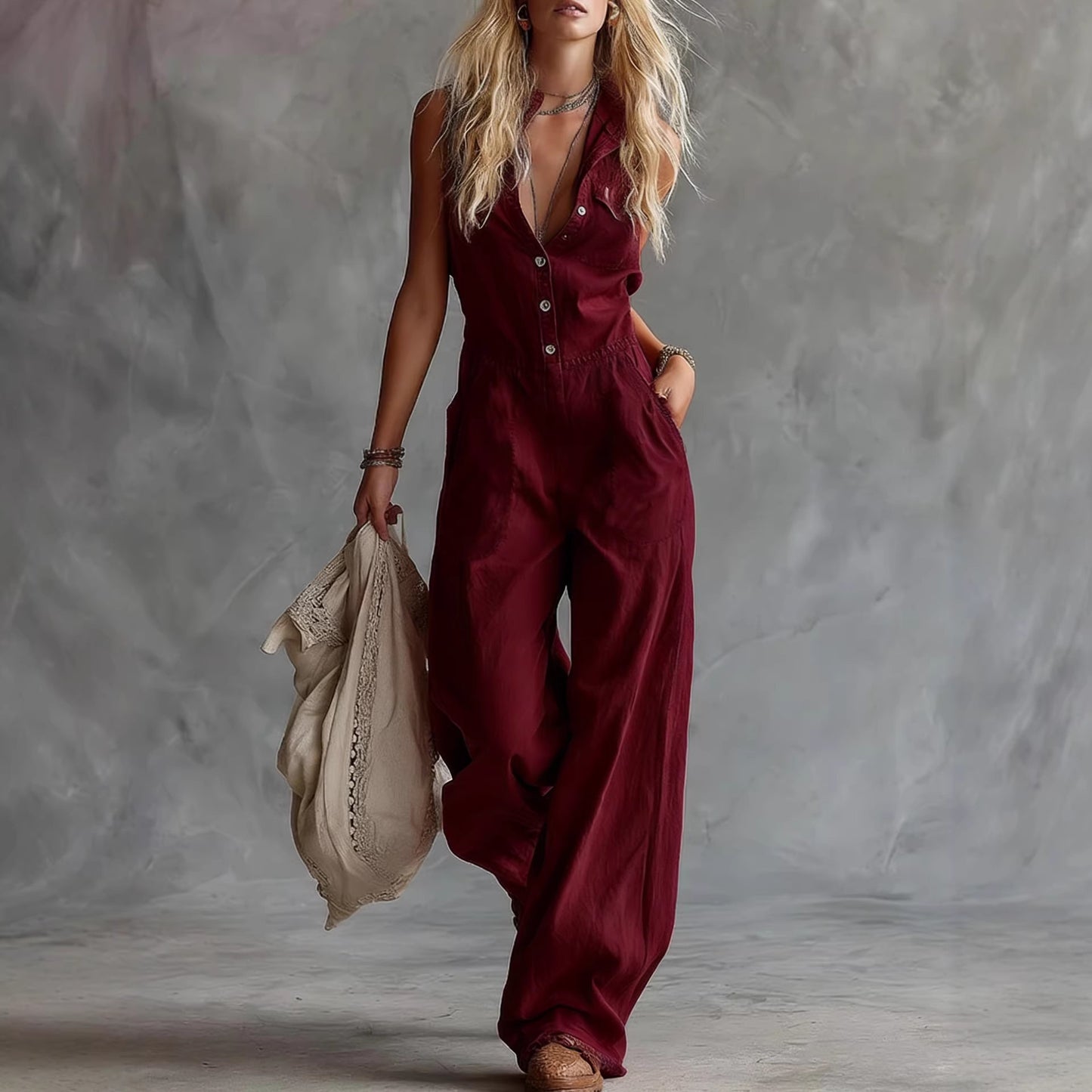 Boho Sleeveless Wide-Leg Linen-Blend Jumpsuit