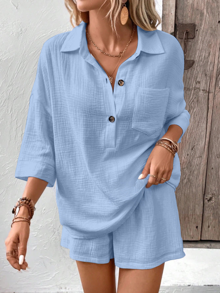 Casual Double-Panel Shirt With Lapel Collar Casual Two-Piece Set