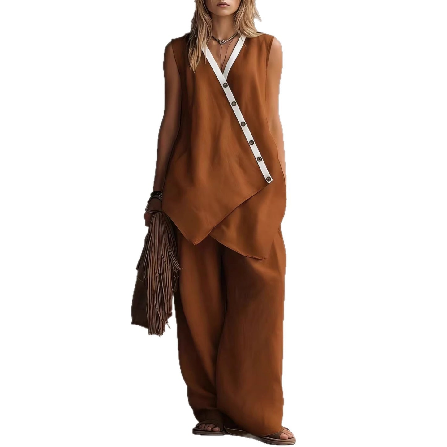 Bohemian Solid-Colored V-Neck Irregular-Button Vest And Wide-Leg Pants Set