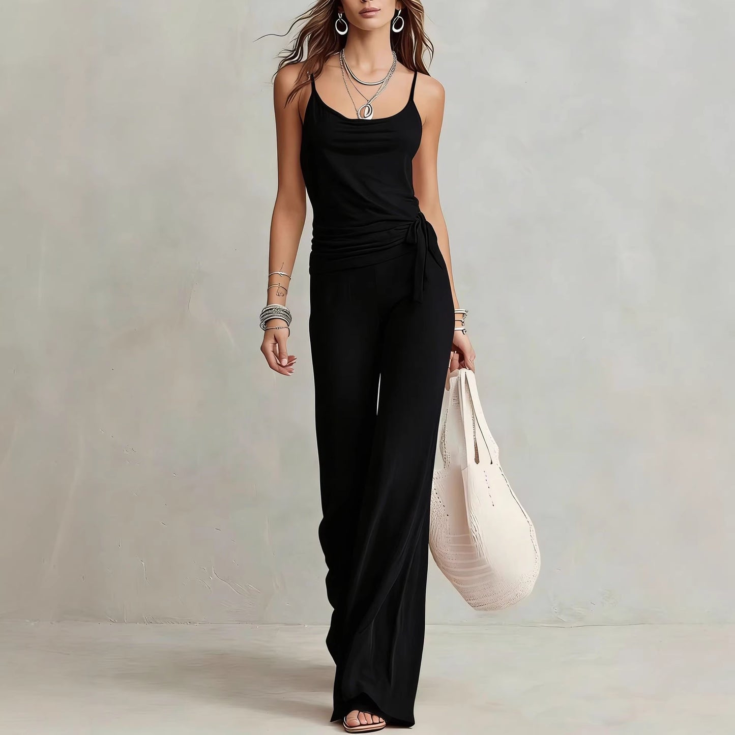 Women's Solid Color Sleeveless Top And Pants Set