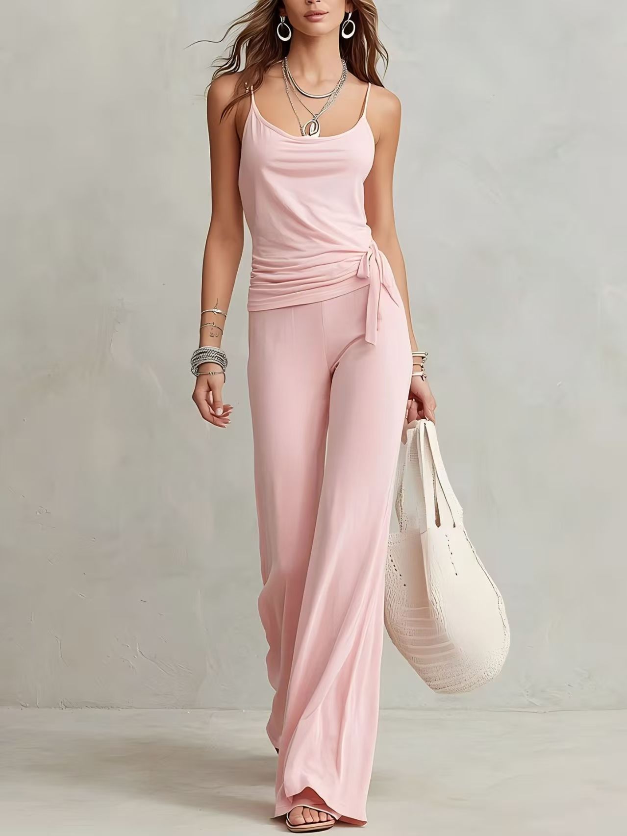 Women's Solid Color Sleeveless Top And Pants Set