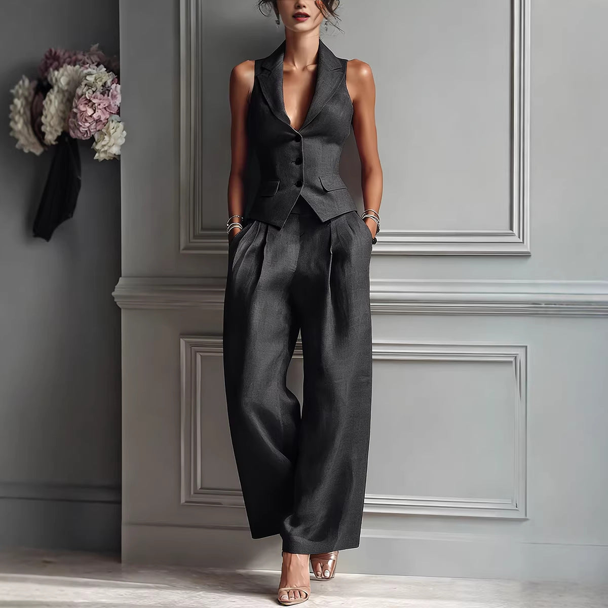 Casual Single-breasted Vest And Casual Pants Set