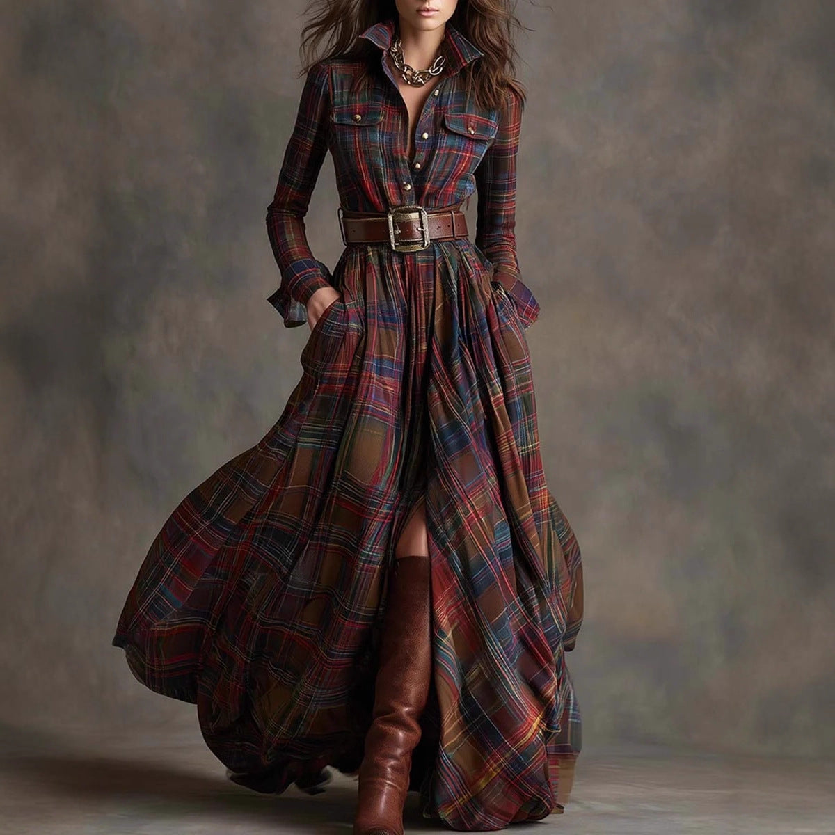 Belted Long Sleeve Flannel Dress