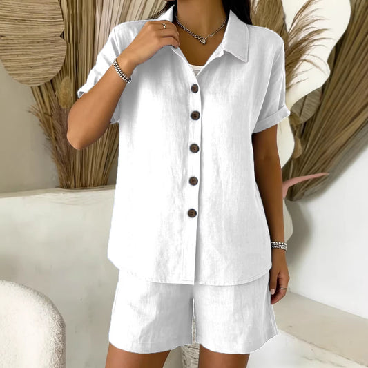 Casual Button-Up Cotton-Linen Womens Short-Sleeve Shirt Set