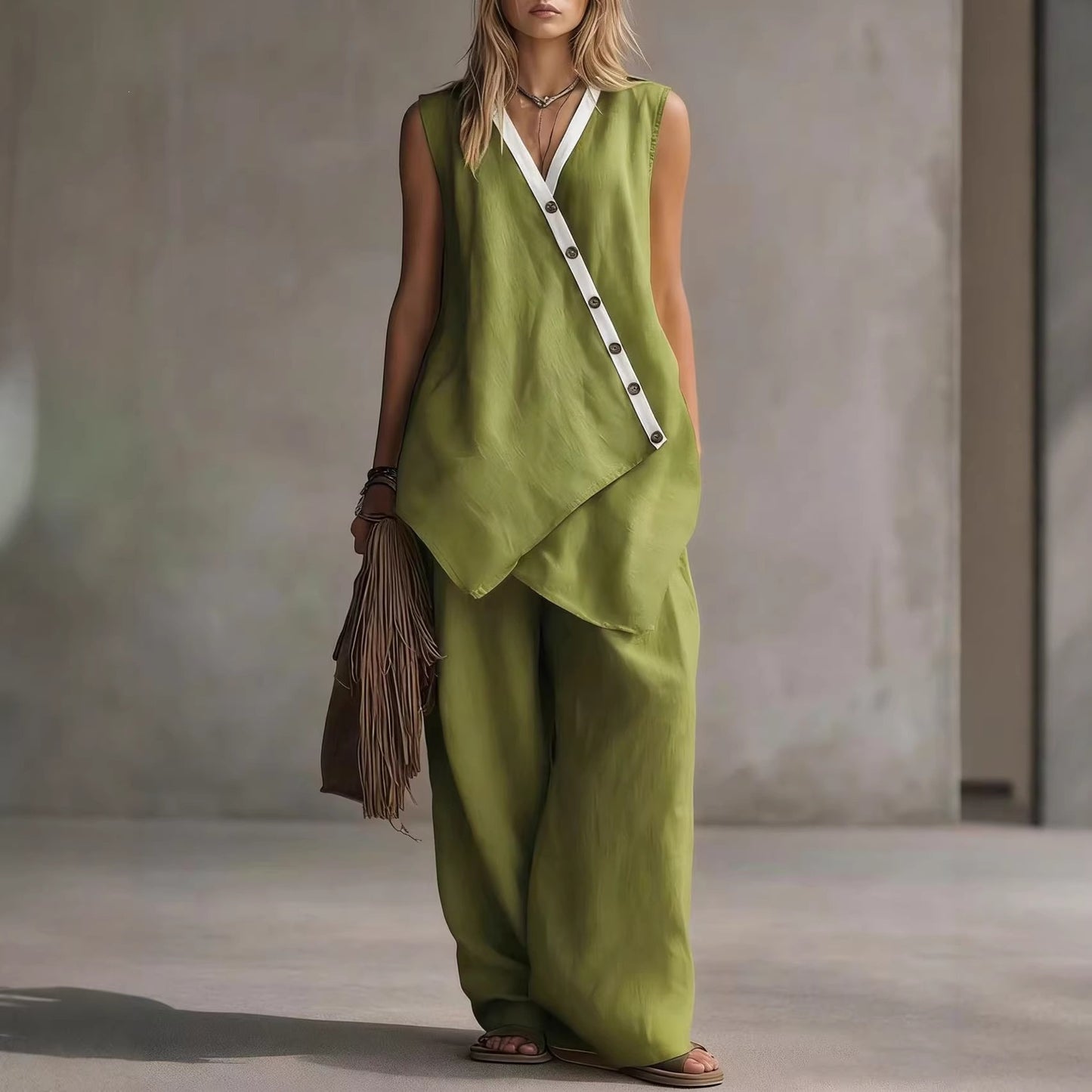 Bohemian Solid-Colored V-Neck Irregular-Button Vest And Wide-Leg Pants Set