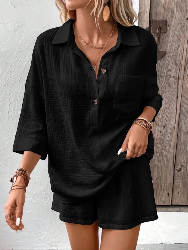 Casual Double-Panel Shirt With Lapel Collar Casual Two-Piece Set