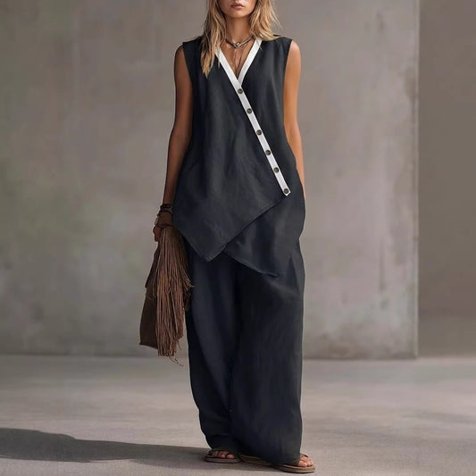 Bohemian Solid-Colored V-Neck Irregular-Button Vest And Wide-Leg Pants Set