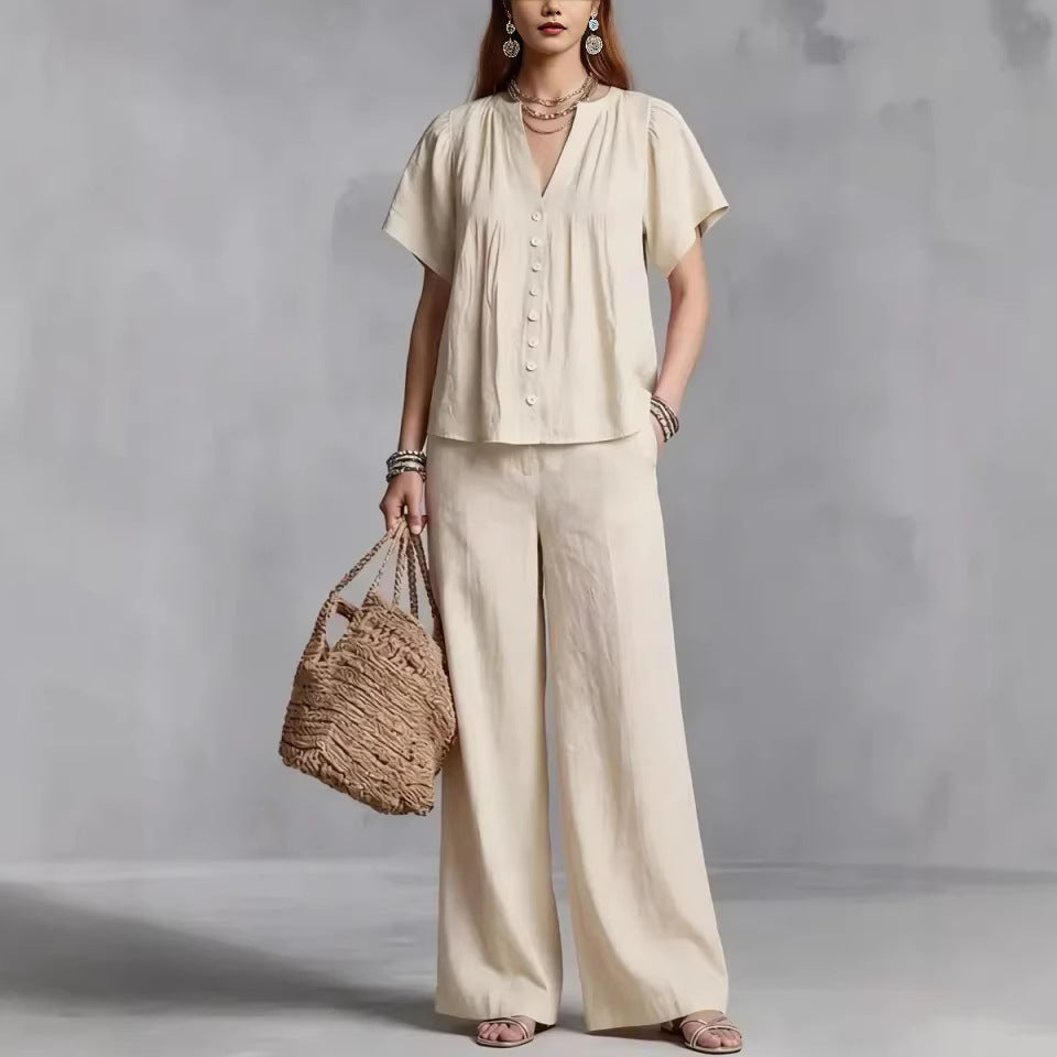 Beach Vacation Cotton-Linen V-Neck Casual Set