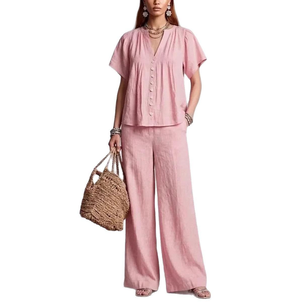 Beach Vacation Cotton-Linen V-Neck Casual Set